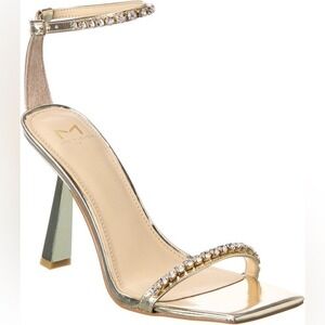 MARC FISHER Karima Leather Gold Heeled‎ Sandal w/ Crystal Trim